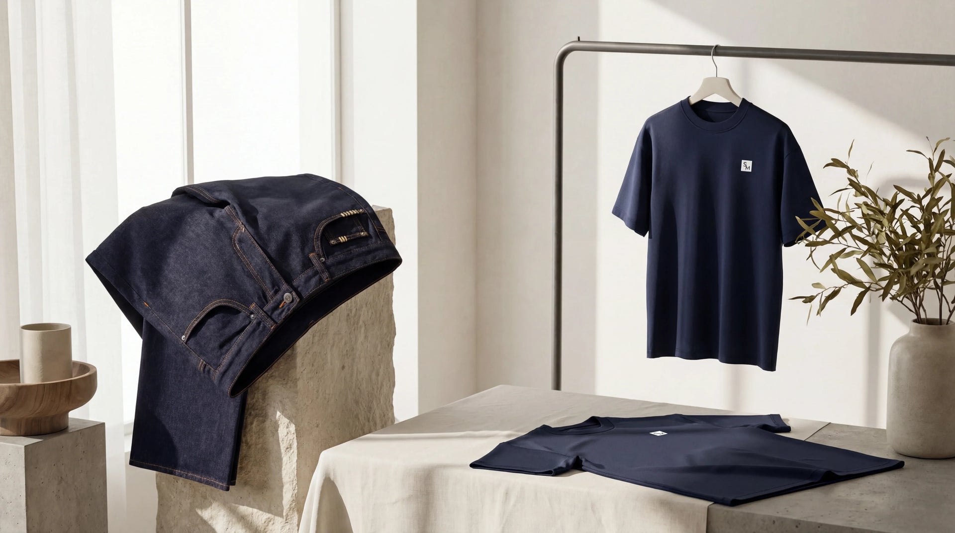 Samson Mwita essentials including a T-shirt, denim, and tote bag arranged as timeless wardrobe pieces.