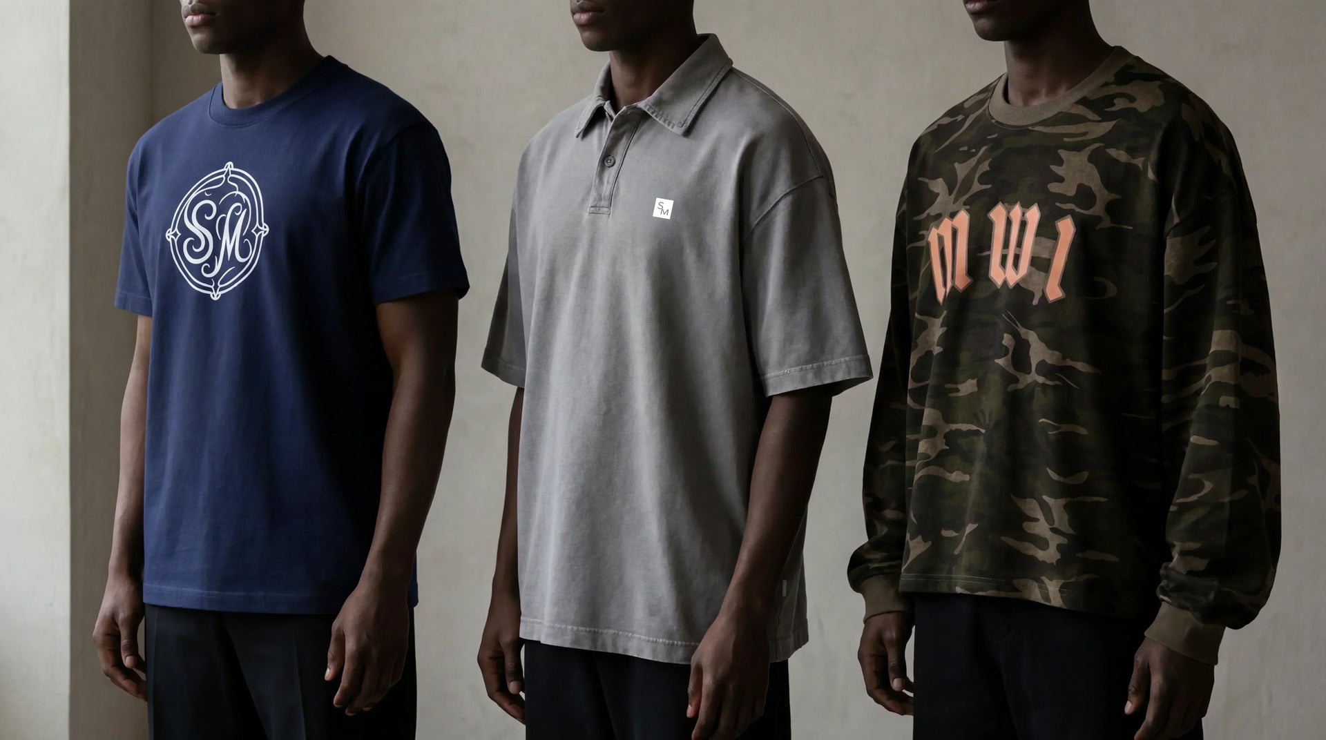 Model wearing three different SM T-shirts to showcase sizing