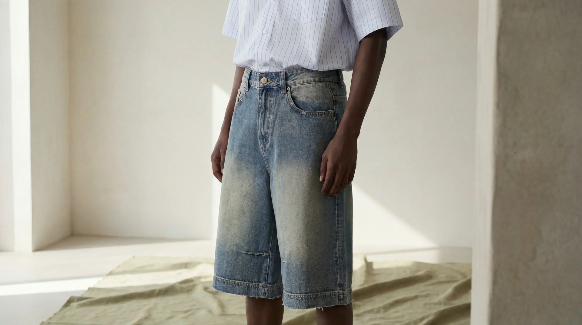 Model wearing SM Heritage Vintage Wash Denim Shorts and SM Pinstripe Short Sleeve Shirt