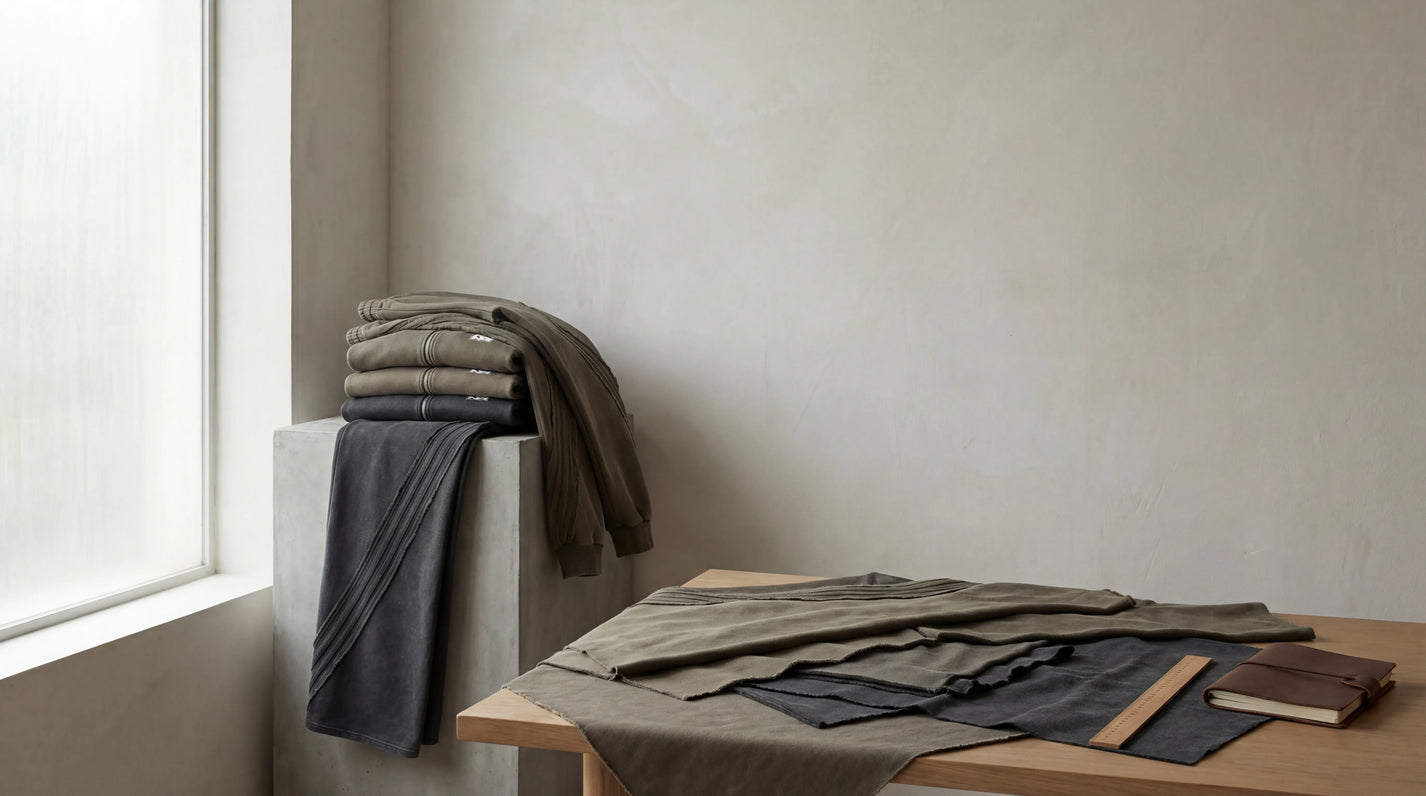 Quiet editorial still life of neatly folded clothing and visible fabric texture arranged to reflect garment care and longevity.