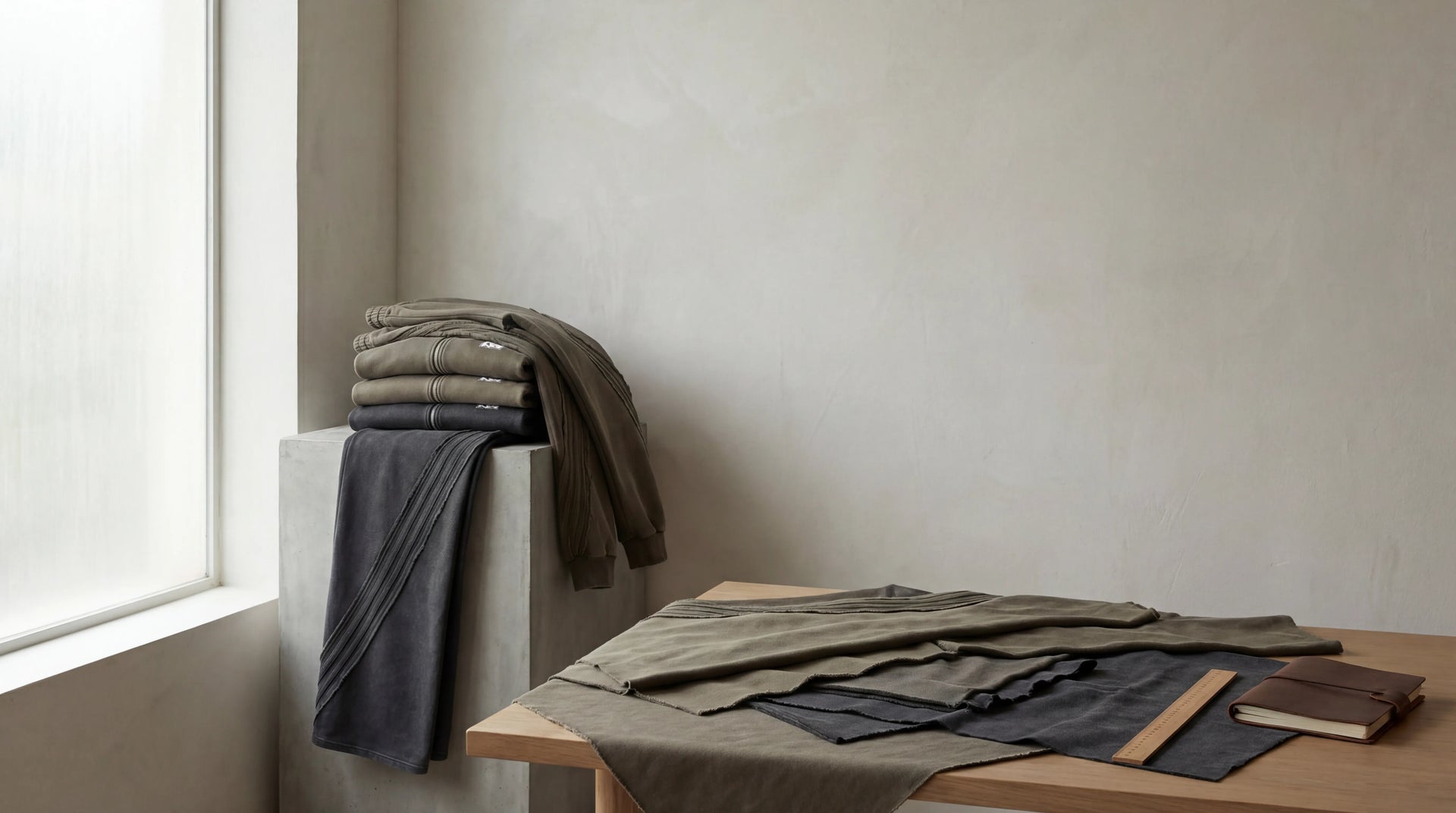 Quiet editorial still life of neatly folded clothing and visible fabric texture arranged to reflect garment care and longevity.