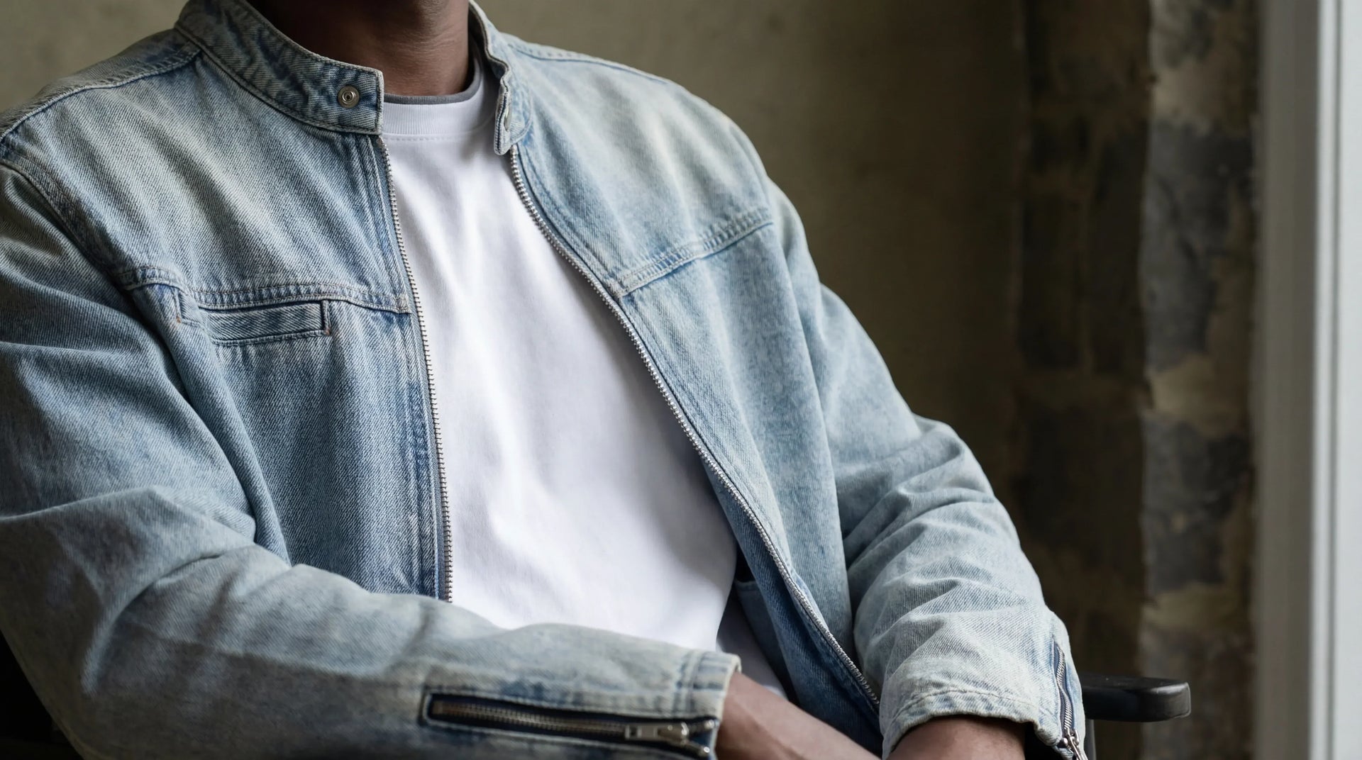 Model wearing SM Vintage Wash Zip Denim Jacket with SM Sunwash T-shirt underneath