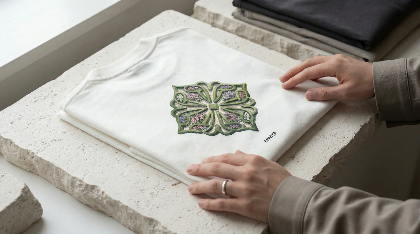 Model folding the SM Verdant T-shirt
