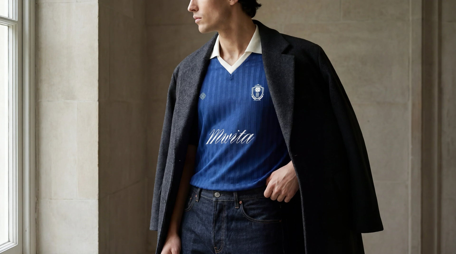 Model wearing SM Legacy Jersey Polo T-shirt
