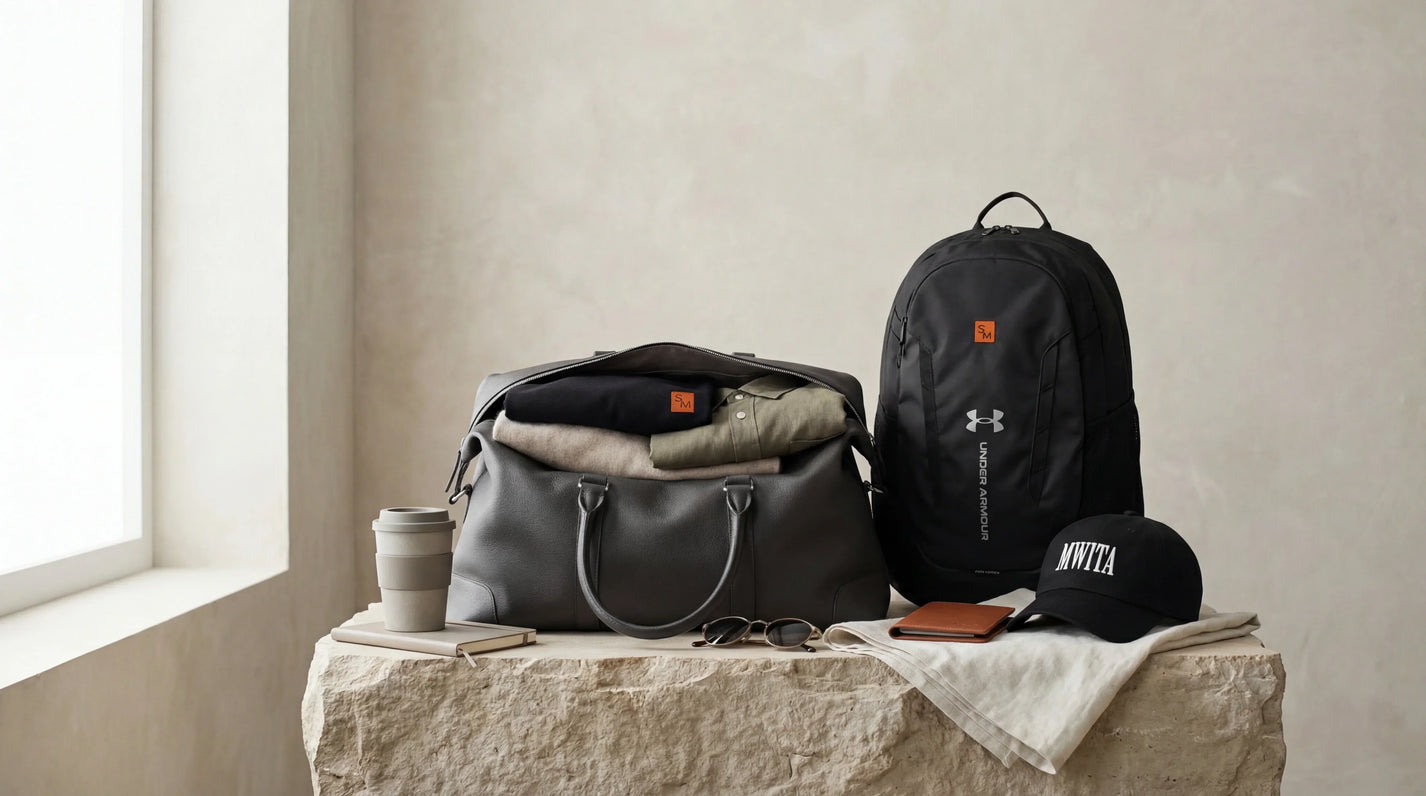 A Samson Mwita tote bag with folded clothing and travel accessories arranged neatly for a trip.