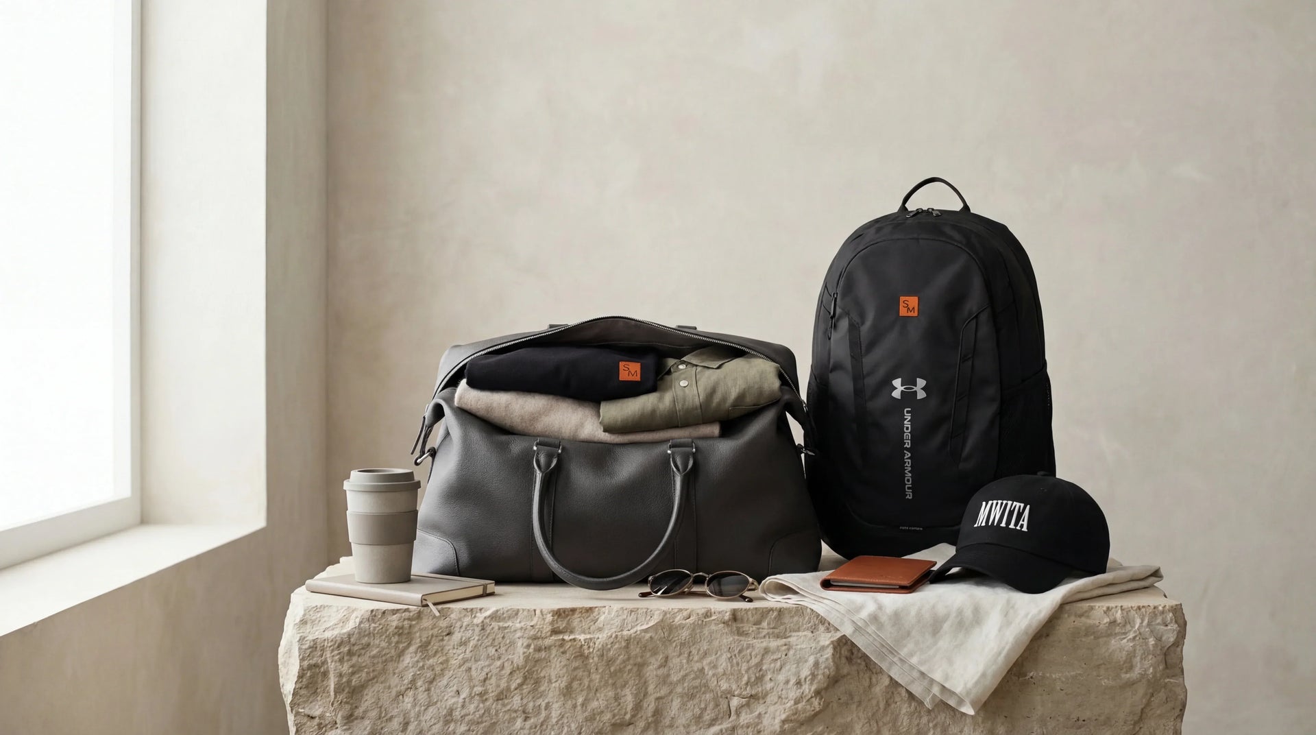 A Samson Mwita tote bag with folded clothing and travel accessories arranged neatly for a trip.