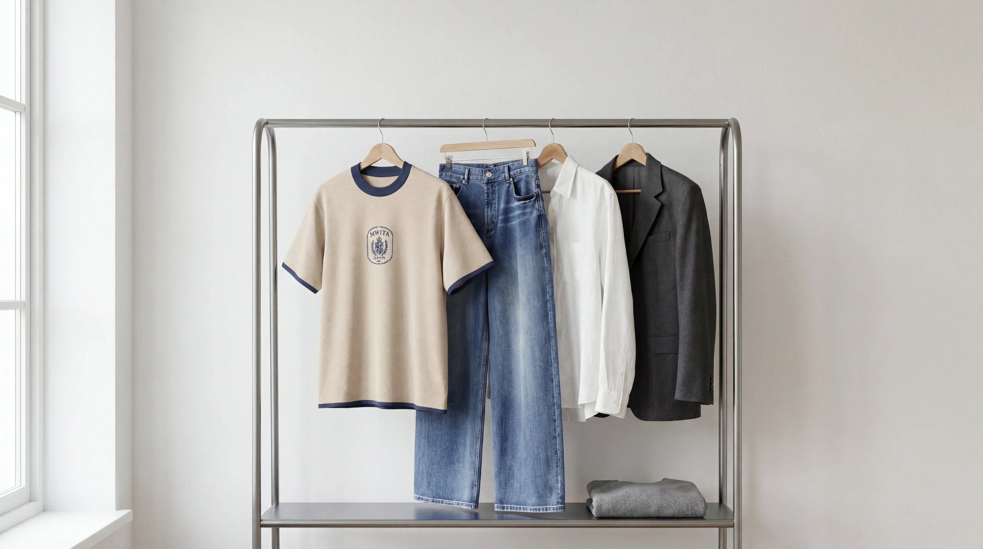 Refined knitwear and denim styled in a clean modern interior with a directional fashion feel.