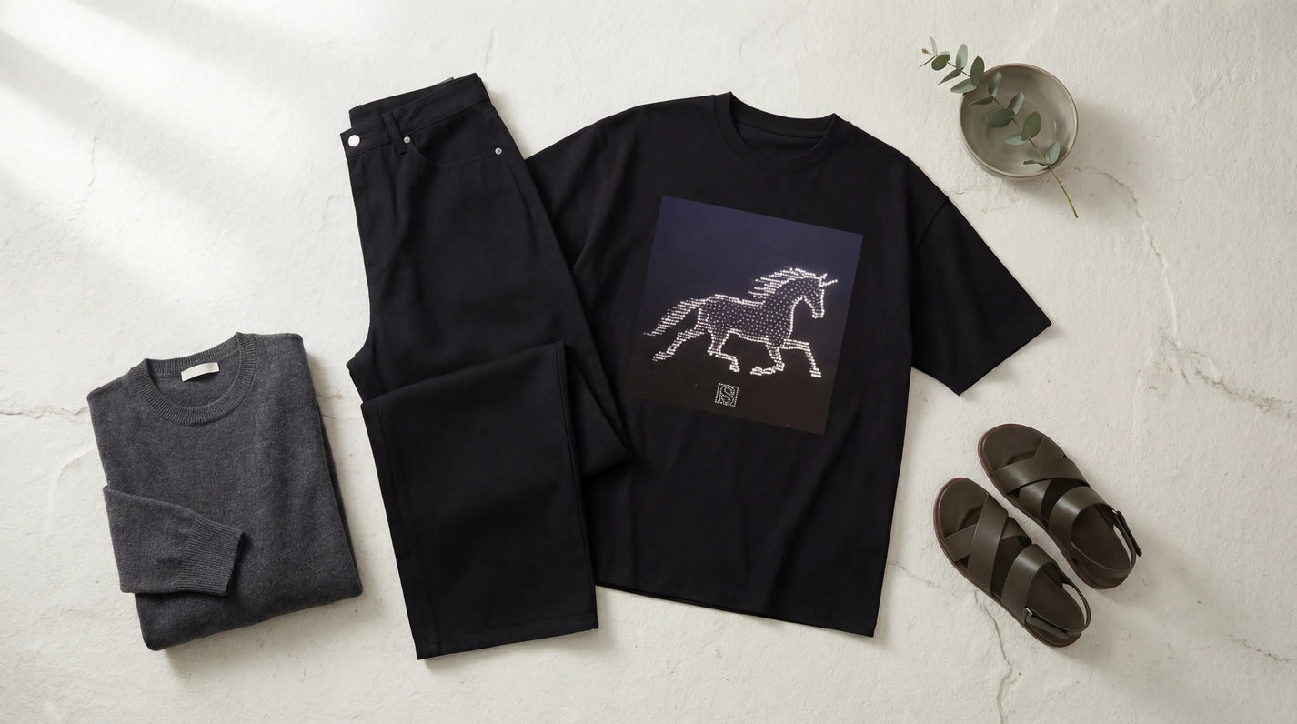 Minimal editorial image of carefully spaced garments and subtle fabric details expressing thoughtful selection and intentional buying.