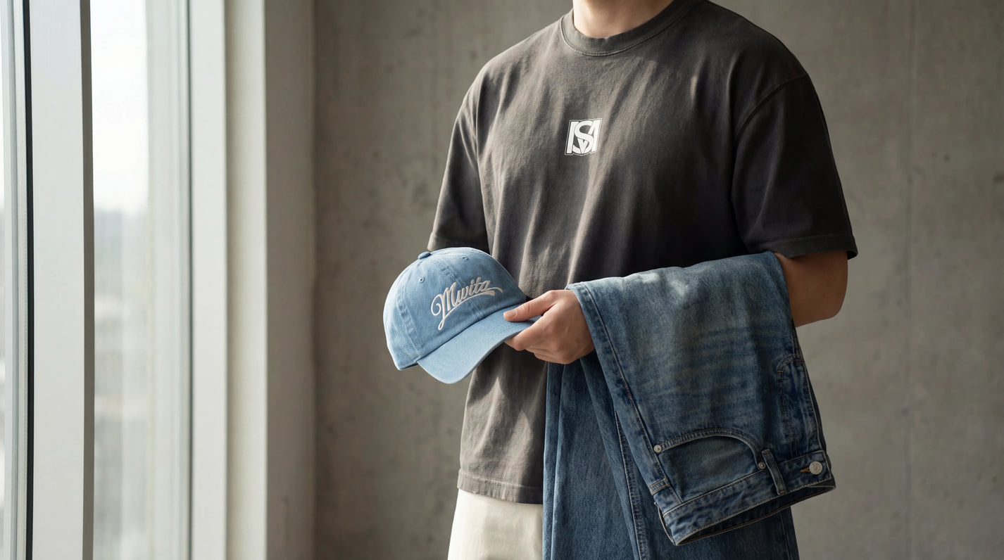 Curated capsule wardrobe with garments from collection held and worn by model.
