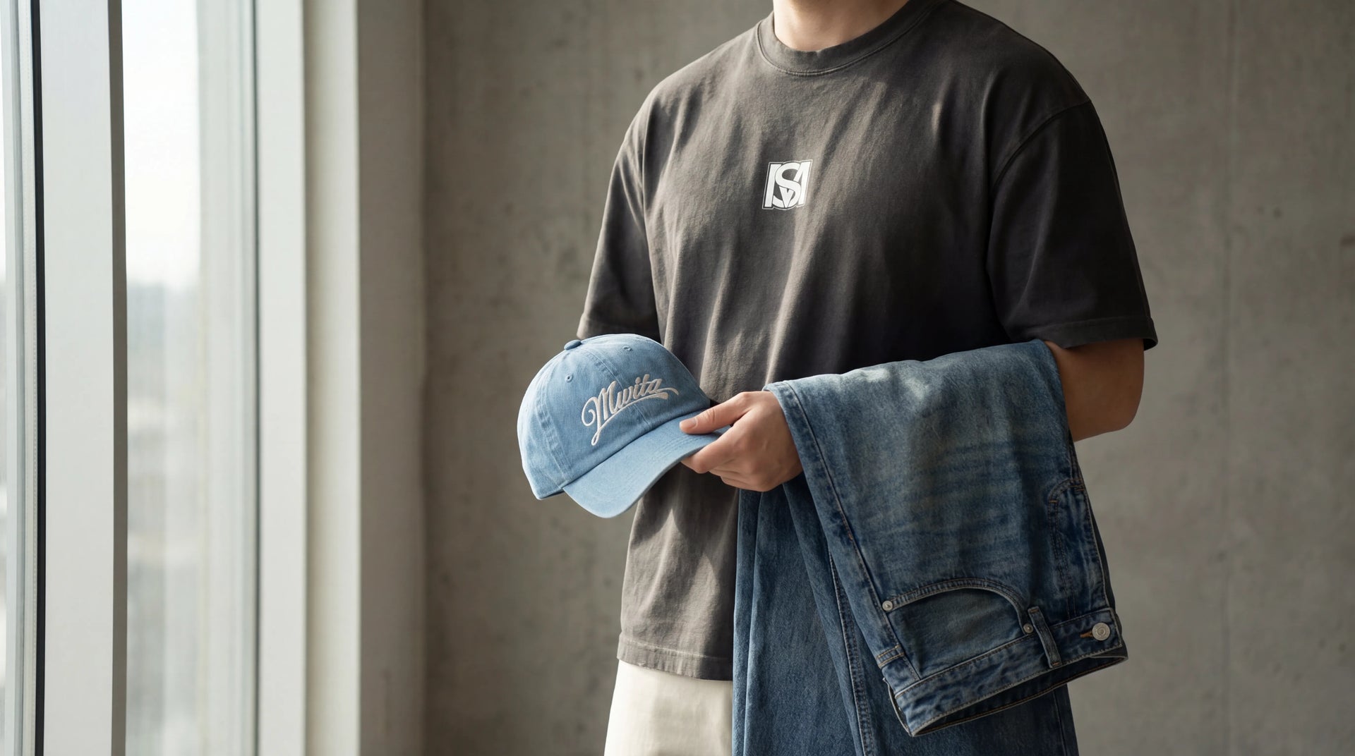 Curated capsule wardrobe with garments from collection held and worn by model.