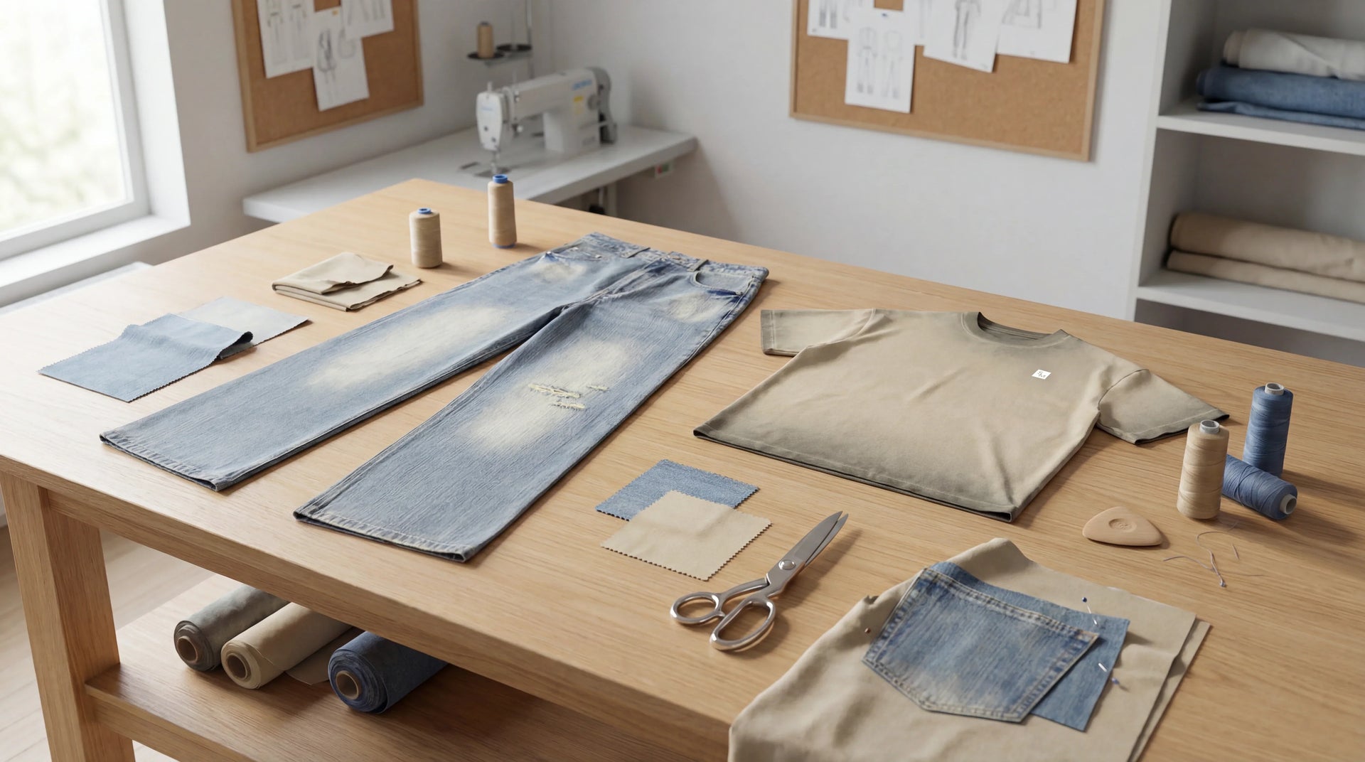 A reworked Samson Mwita garment with fabric tools and materials in a clean creative workspace.