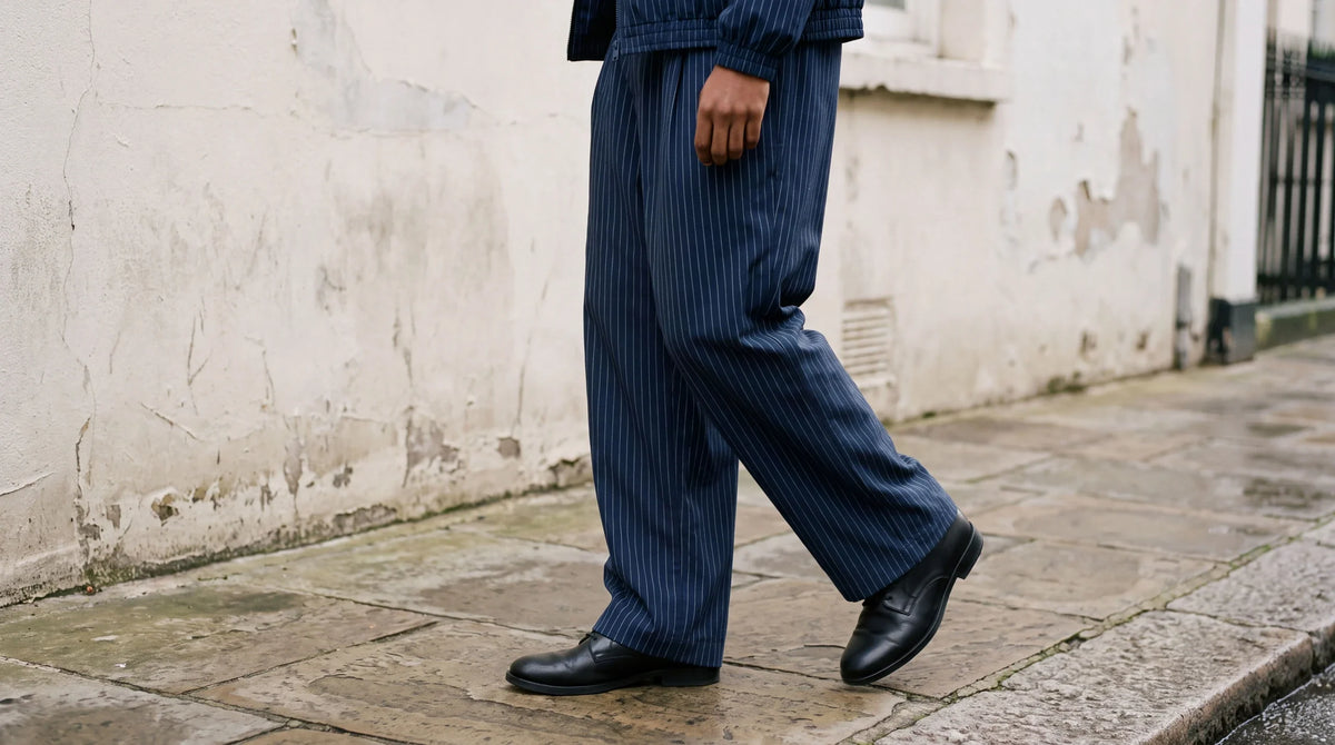 Close editorial view of the navy pinstripe SM Axis Trousers, showing wide-leg drape and the hem above dark shoes.