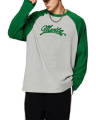 Model wearing SM Retro Raglan Long-Sleeve T-shirt green front