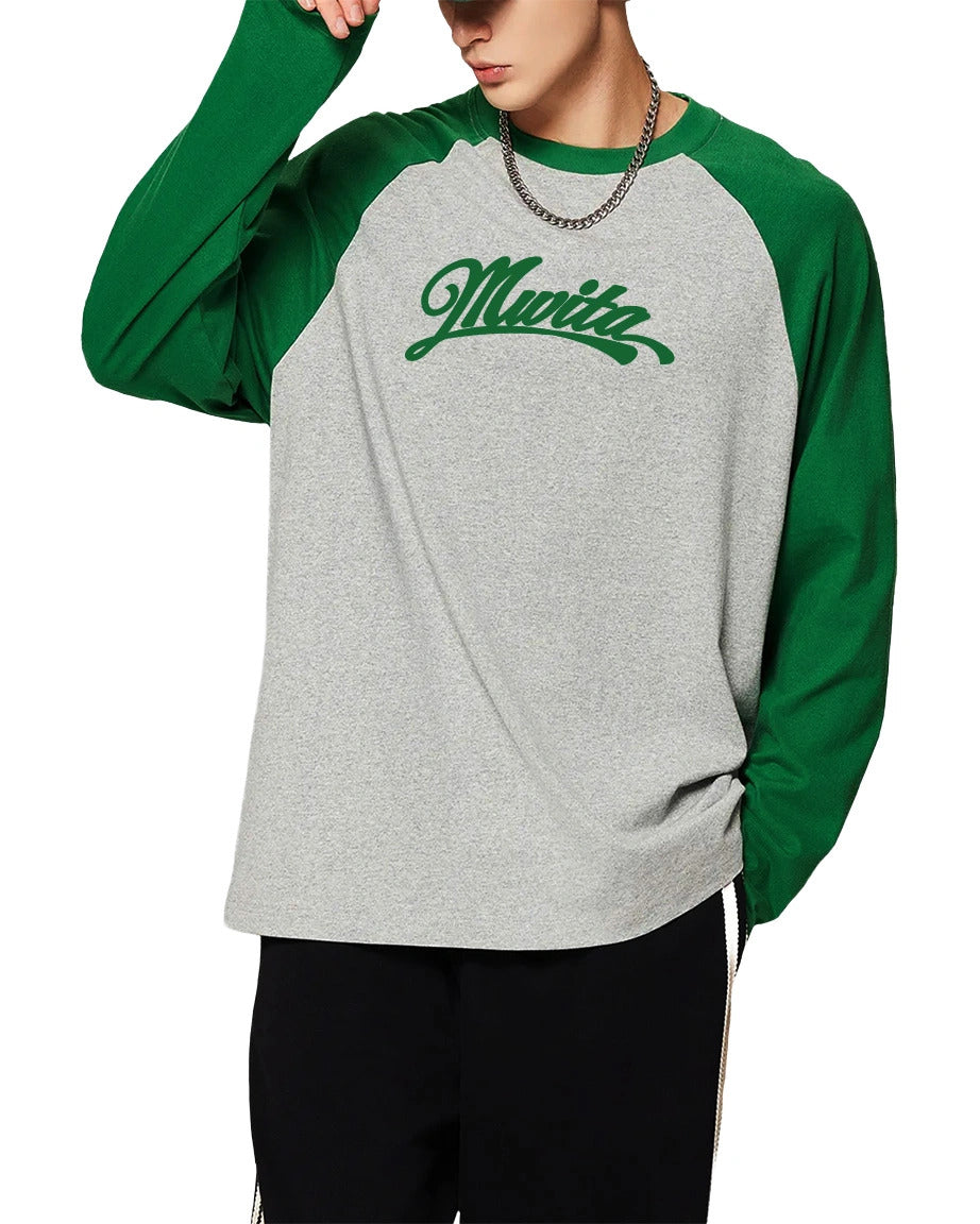 Model wearing SM Retro Raglan Long-Sleeve T-shirt green front