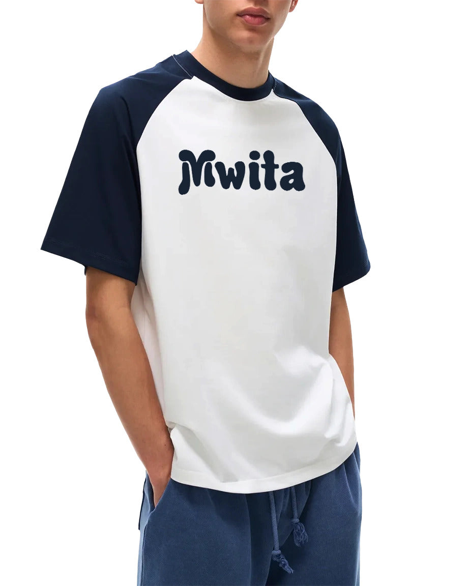 Model wearing SM Retro Raglan T-shirt blue front