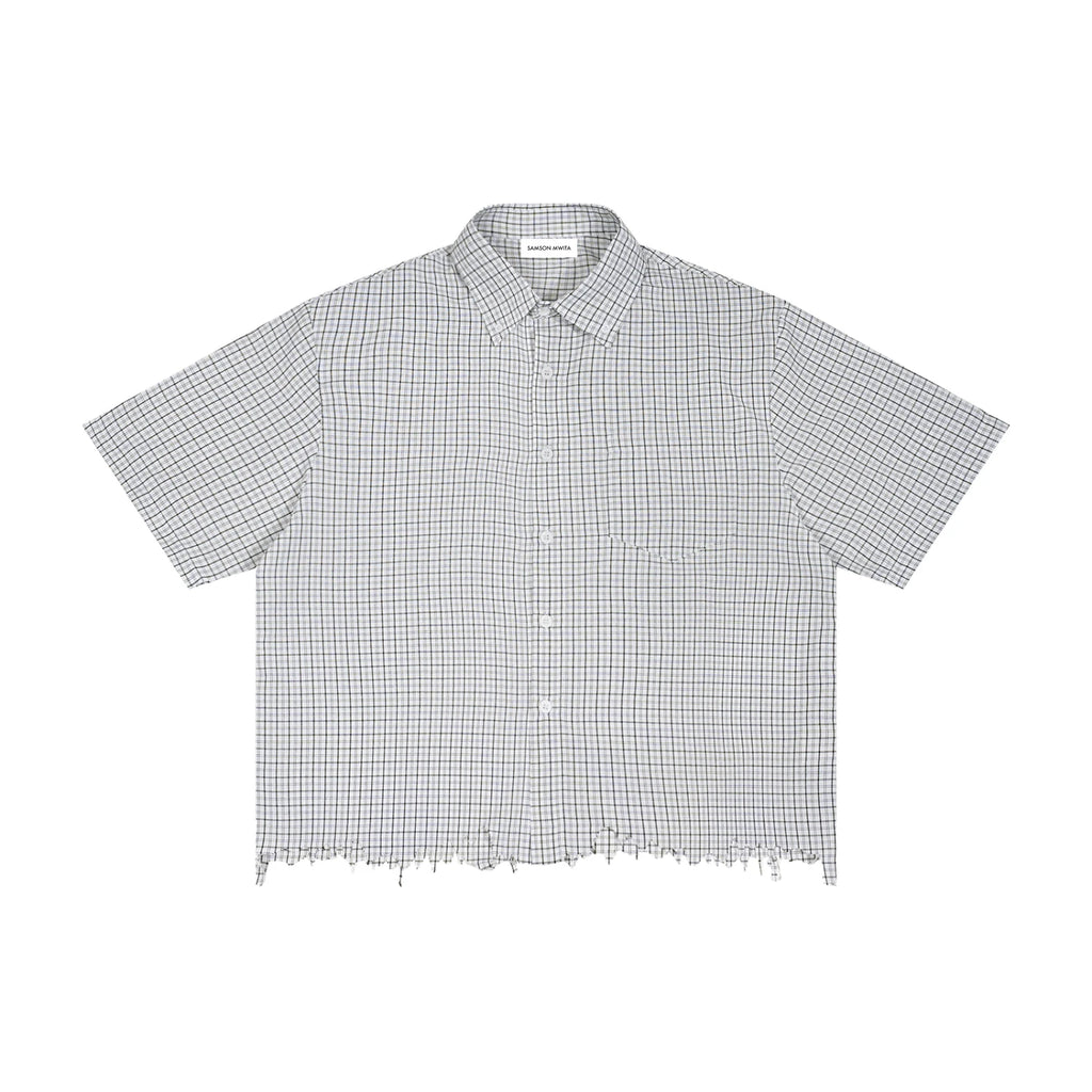 SM Distressed Plaid Boxy Shirt white front