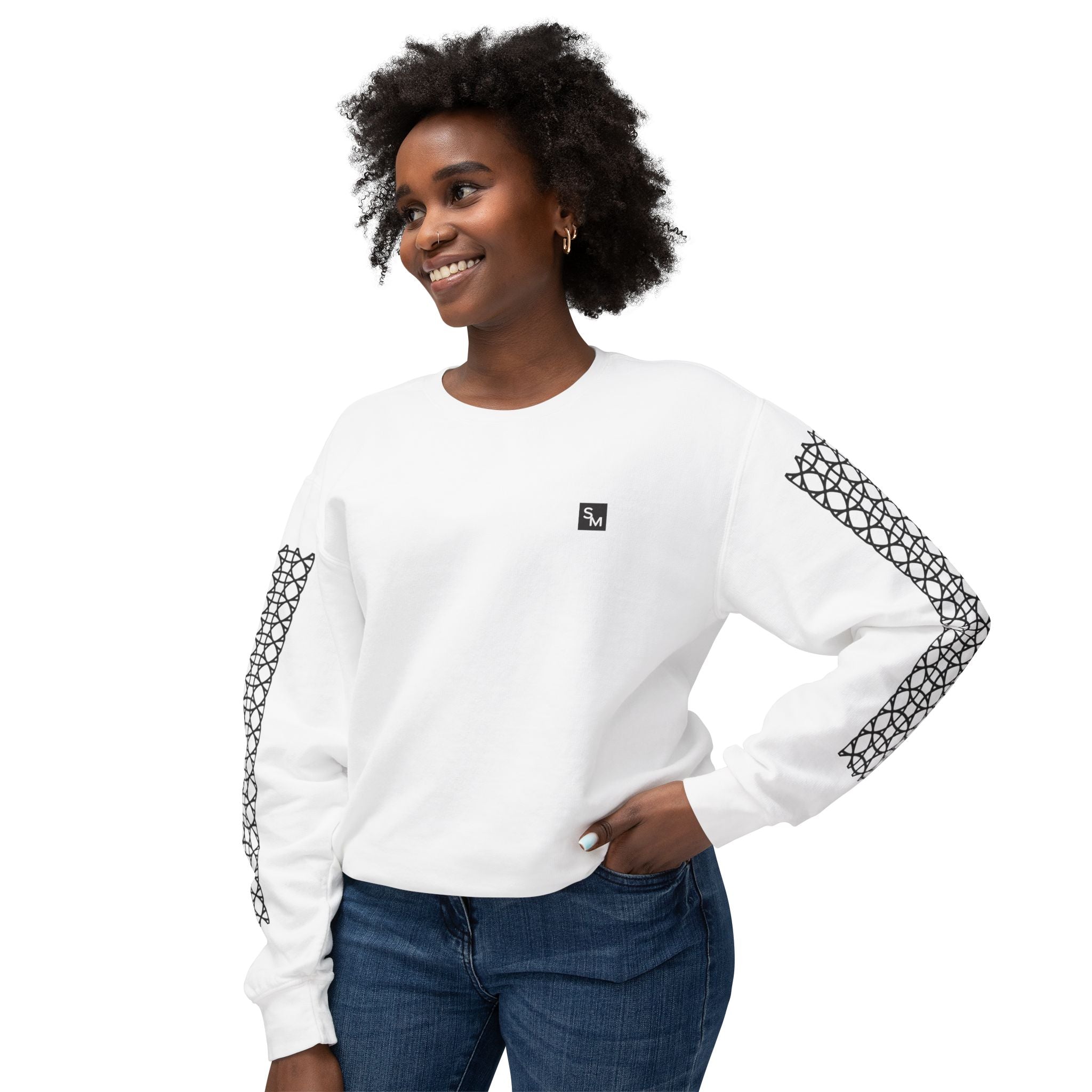 Model wearing SM Spine Sweatshirt white front