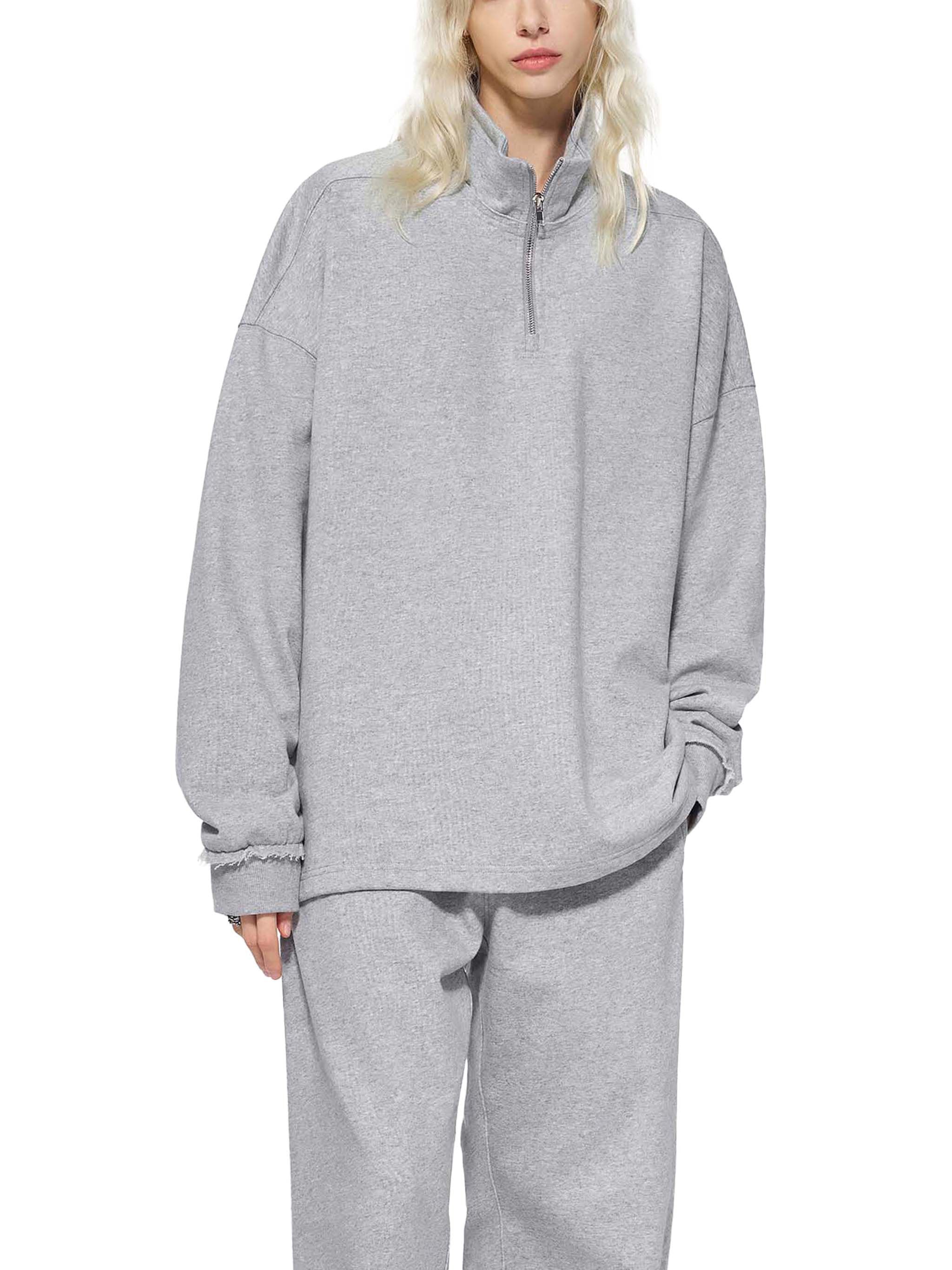 Model wearing SM Sig. Half-Zip Fleece Sweatshirt flower grey front