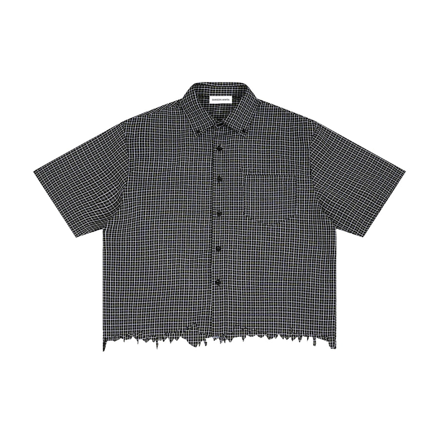 SM Distressed Plaid Boxy Shirt black front