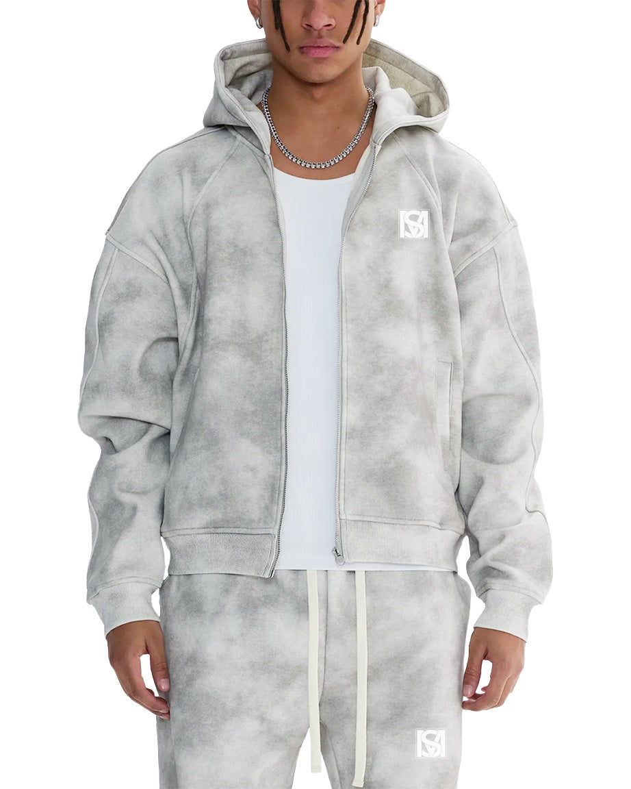 Model wearing SM Cloud Fade Hoodie and Trousers front