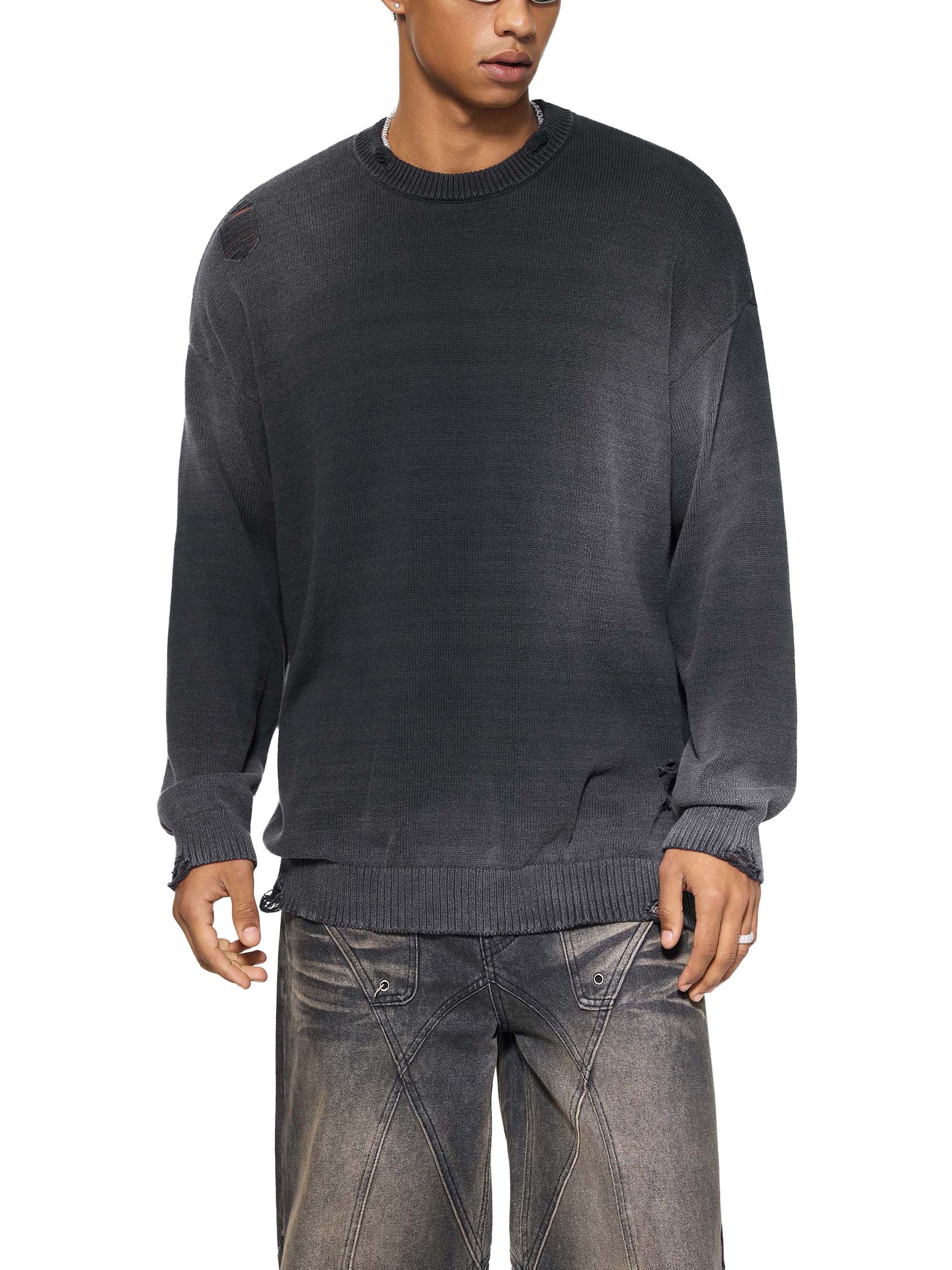 Model wearing SM Sig. Washed Distress Knit Sweater black front
