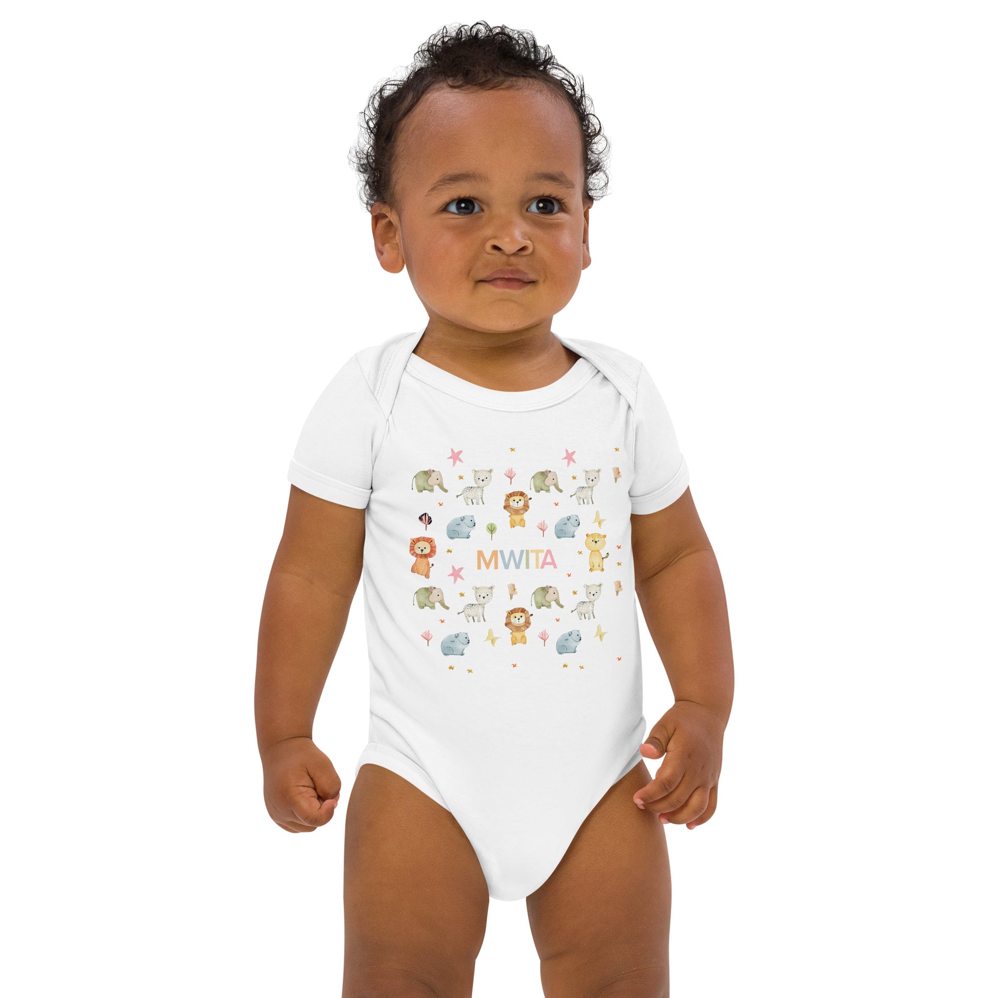 Model wearing SM Safari Baby Bodysuit front