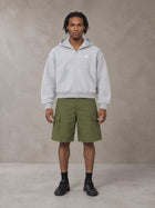 Model wearing SM Sig. Full-Zip Boxy Hoodie in Floral Grey, front view.
