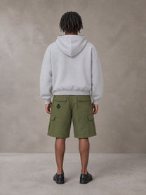 Model wearing SM Sig. Full-Zip Boxy Hoodie in Floral Grey, rear view.