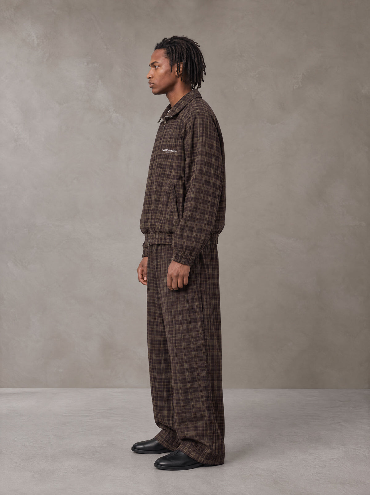 SM Meridian Espresso outfit, full-length side studio view, Look 1.