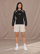 Model wearing SM Motion Sweatshirt in Midnight Black, front view.