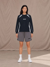 Model wearing SM Motion Sweatshirt in Oxford Navy, front view.