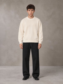 Model wearing SM Straight Leg Trousers in Midnight Black, front view.