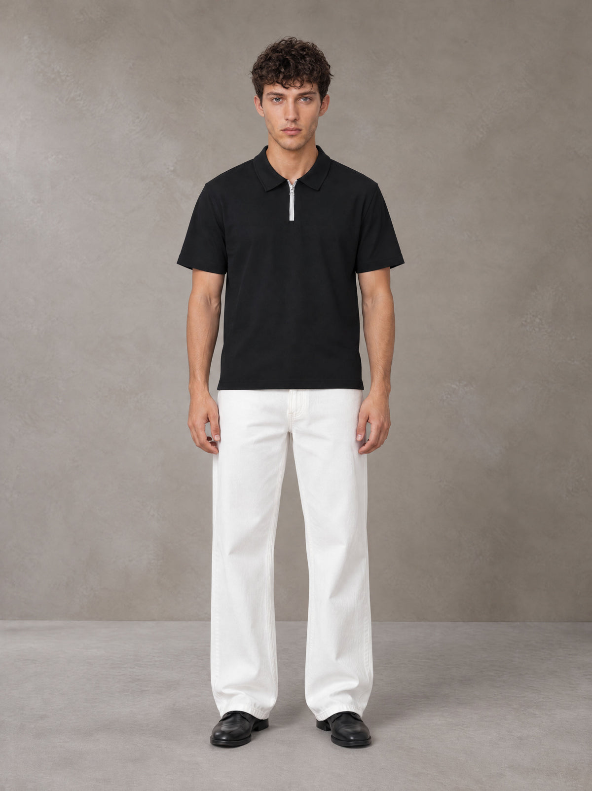 Model wearing SM Straight Leg Trousers in Lucent White, front view.