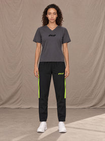 Model wearing SM Motion Stripe Track Trousers in Midnight Black, front view.