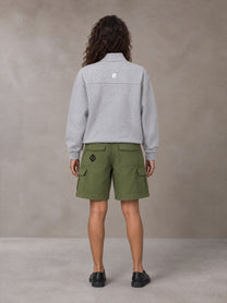Model wearing SM Sig. Half-Zip Fleece Sweatshirt in Floral Grey, rear view.