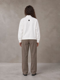 Model wearing SM Sig. Half-Zip Fleece Sweatshirt in Lucent White, rear view.