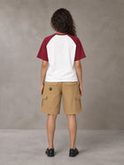 Model wearing SM Retro Raglan T-shirt in Burgundy, rear view.