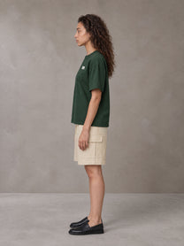 Model wearing SM Sig. Earth T-shirt in Alpine Green, side profile.