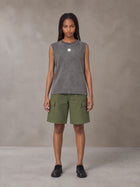 Model wearing SM Sig. Reverse Washed Tank Top in Pure Grey, front view.