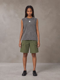 Model wearing SM Sig. Reverse Washed Tank Top in Pure Grey, front view.