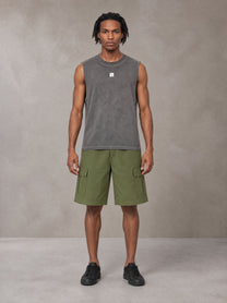 Model wearing SM Sig. Reverse Washed Tank Top in Pure Grey, front view.