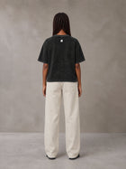 Model wearing SM Sig. Waffle Washed Boxy T-shirt in Midnight Black, rear view.