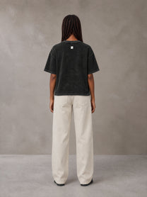 Model wearing SM Sig. Waffle Washed Boxy T-shirt in Midnight Black, rear view.