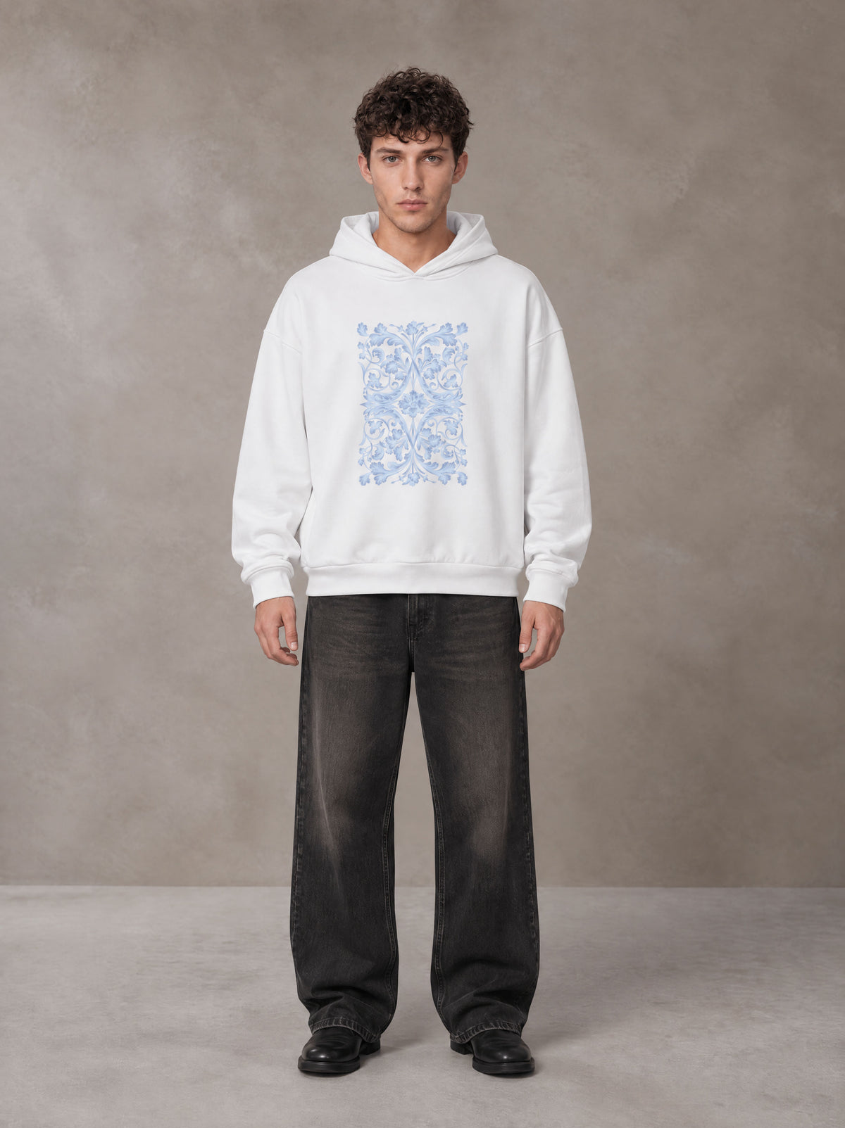 Model wearing the SM Baroque Bloom Hoodie in Lucent White, front view.