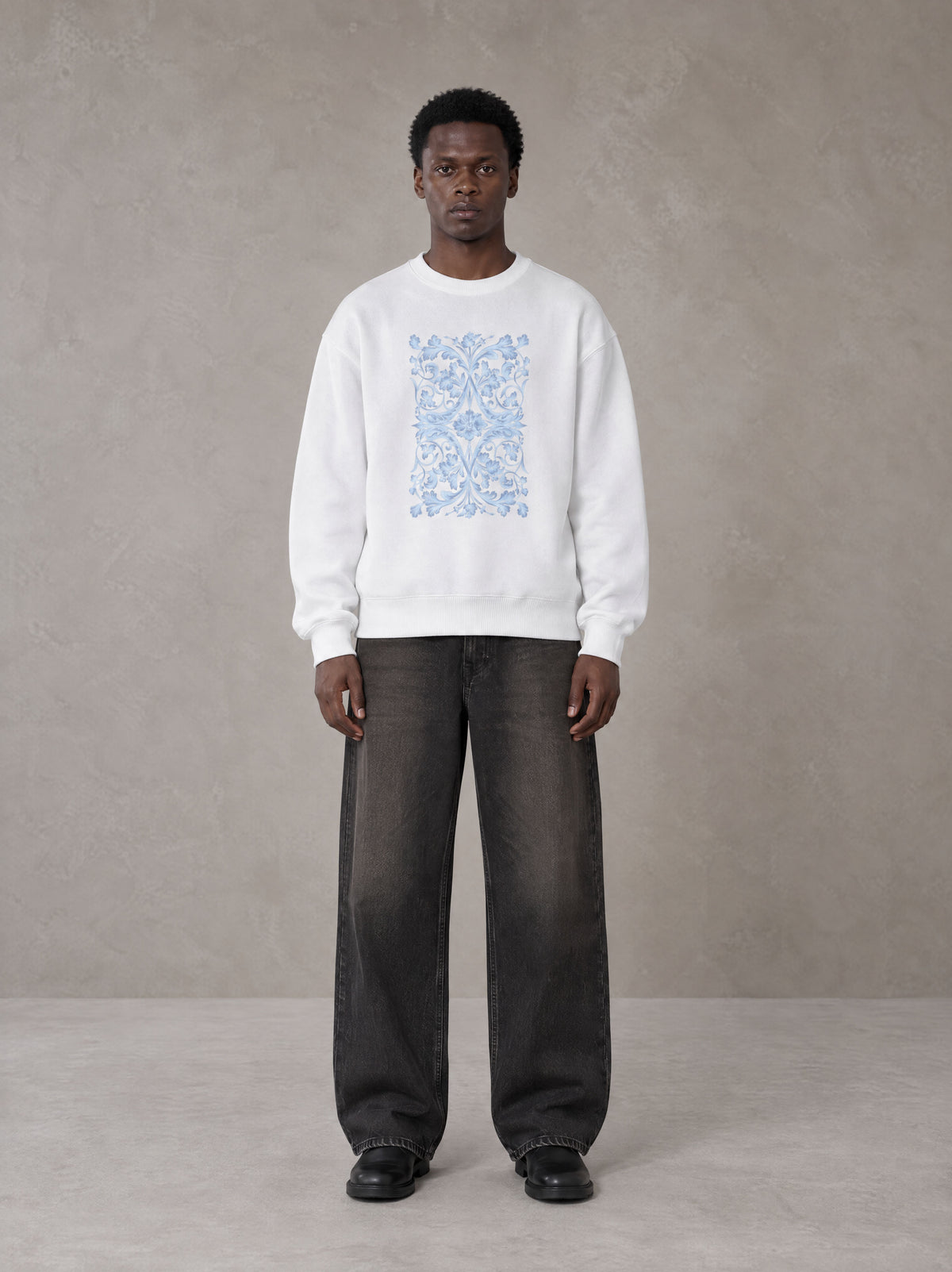 Model wearing the SM Baroque Bloom Sweatshirt in Lucent White, front view.