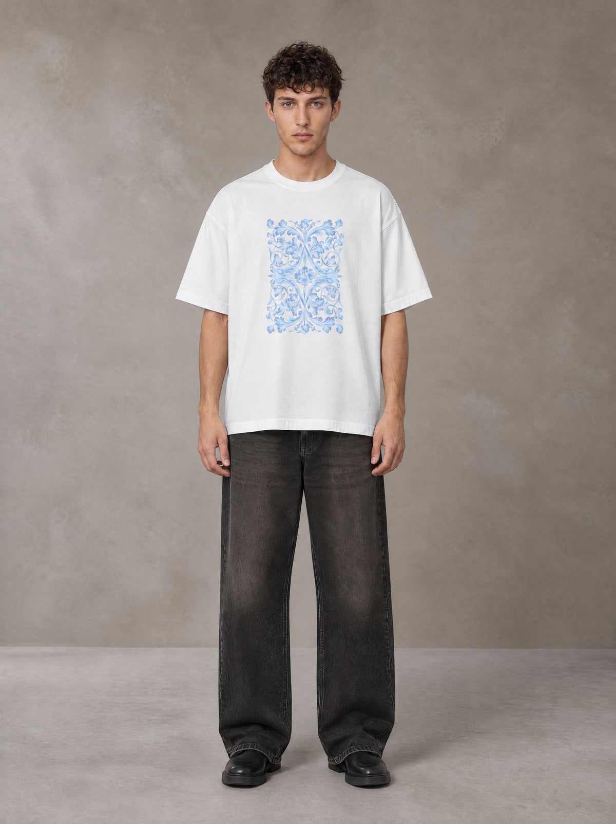 Model wearing the SM Baroque Bloom T-shirt in Lucent White, front view.