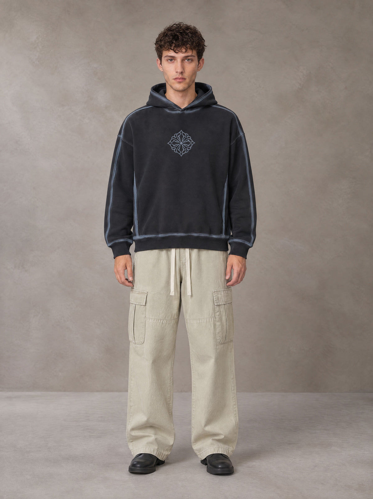 Model wearing the SM Eternal Fleur Straight Leg Cargo Pants in Oat Grey, front view.