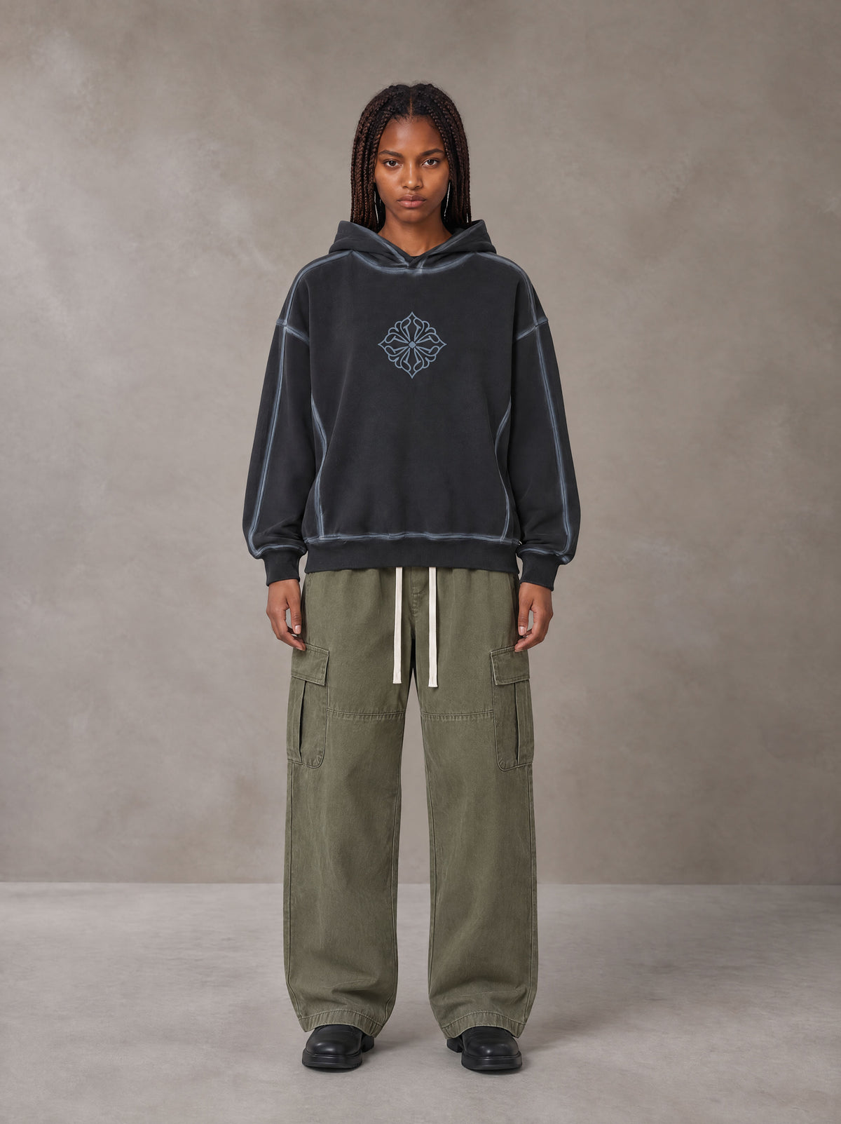 Model wearing the SM Eternal Fleur Straight Leg Cargo Pants in Heritage Khaki, front view.