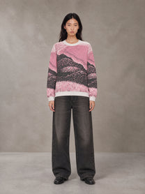 Model wearing the SM Seascape Jacquard Knitted Sweatshirt in Blush Rose, front view.