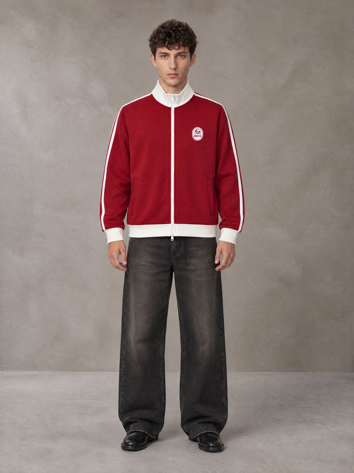 Model wearing the SM Insignia Contrast Trim Jacket in Deep Carmine, front view.